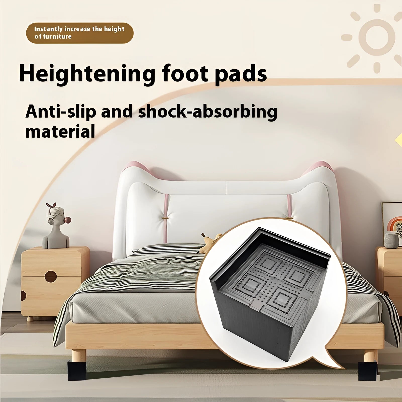 Black plastic furniture foot mat set of four for height adjustment on hard floors