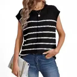 Women's striped vest sleeve pullover top in acrylic fabric with bone stitching detail