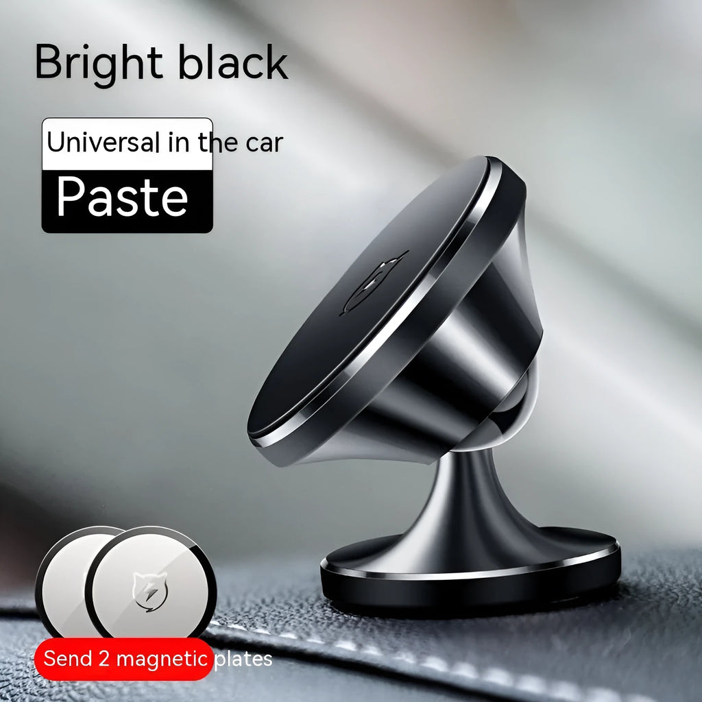 Magnetic car phone holder with alloy body and 4 N52 rubidium magnets, dazzling black finish, on dashboard