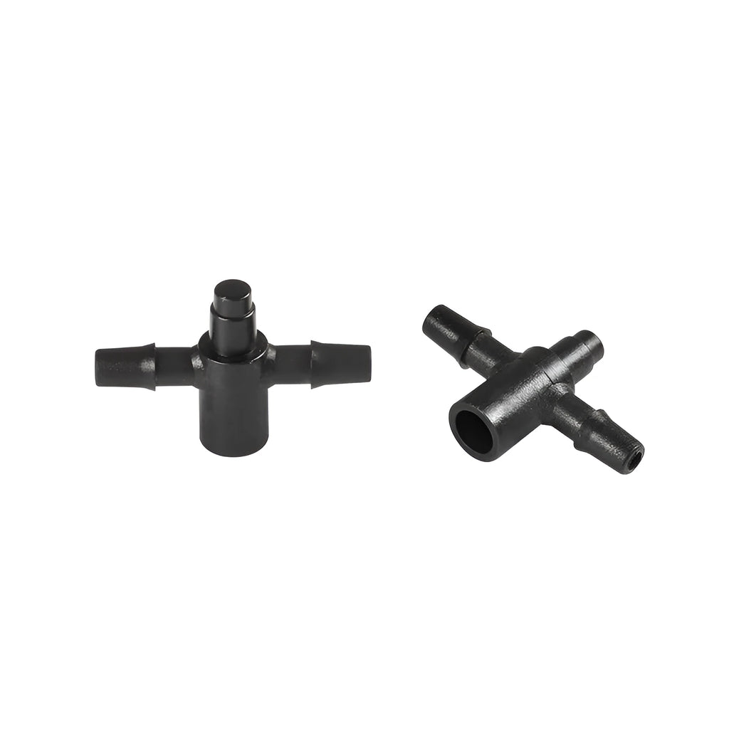 White PE plastic tee joint water distributor for irrigation systems with one inlet and two outlet ports.