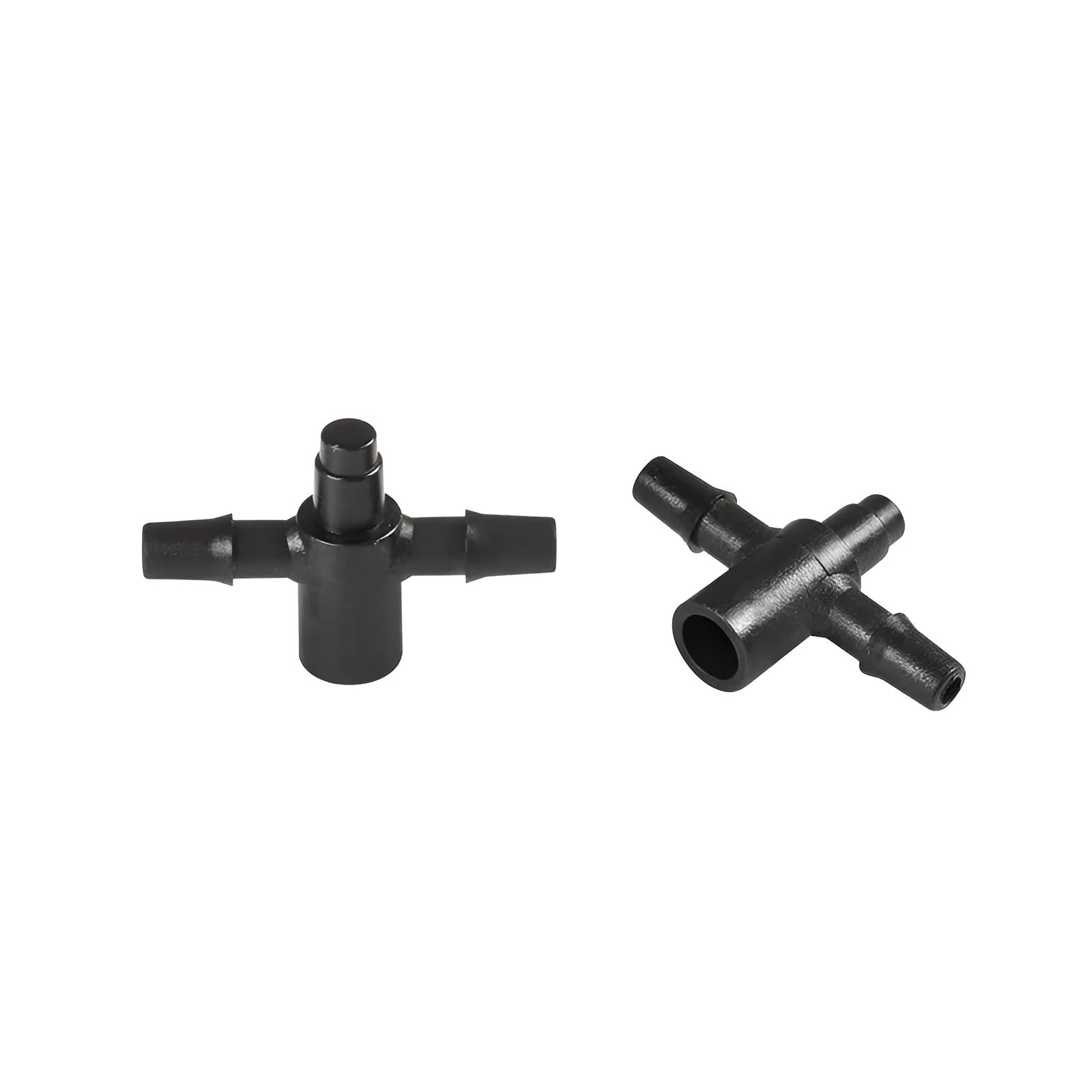 White PE plastic tee joint water distributor for irrigation systems with one inlet and two outlet ports.