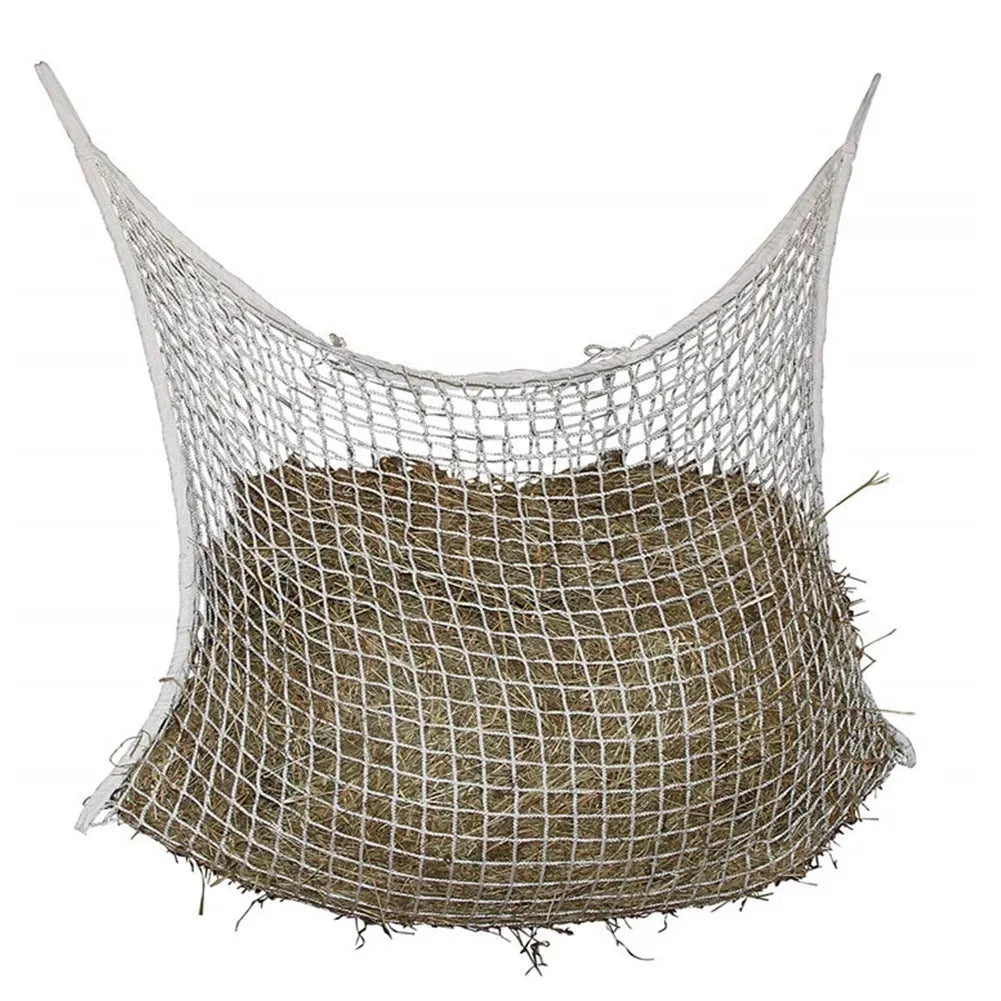 Black woven PE rope hanging feeding bag with grid mesh, sized for a horse.