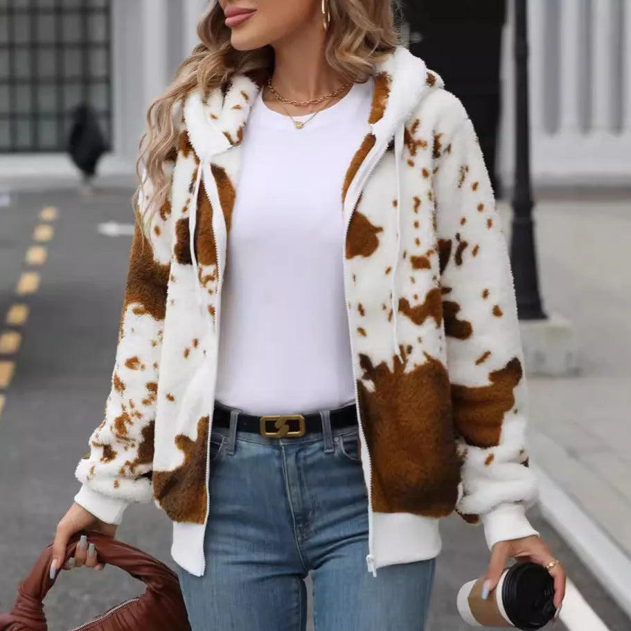 Yellow brown cow print hooded cardigan jacket with zip fastening and regular sleeves
