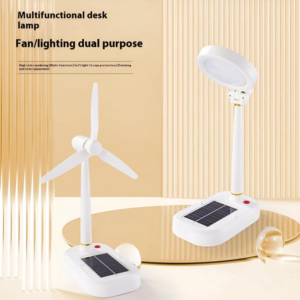 Ivory white solar-powered table fan with integrated LED study lamp on desk