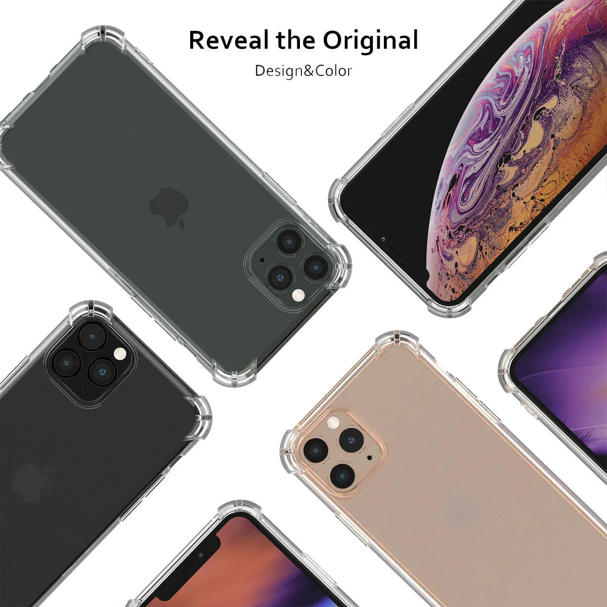Clear transparent TPU shockproof iPhone case shown on a phone, compatible with models 6 to 13 Pro Max.