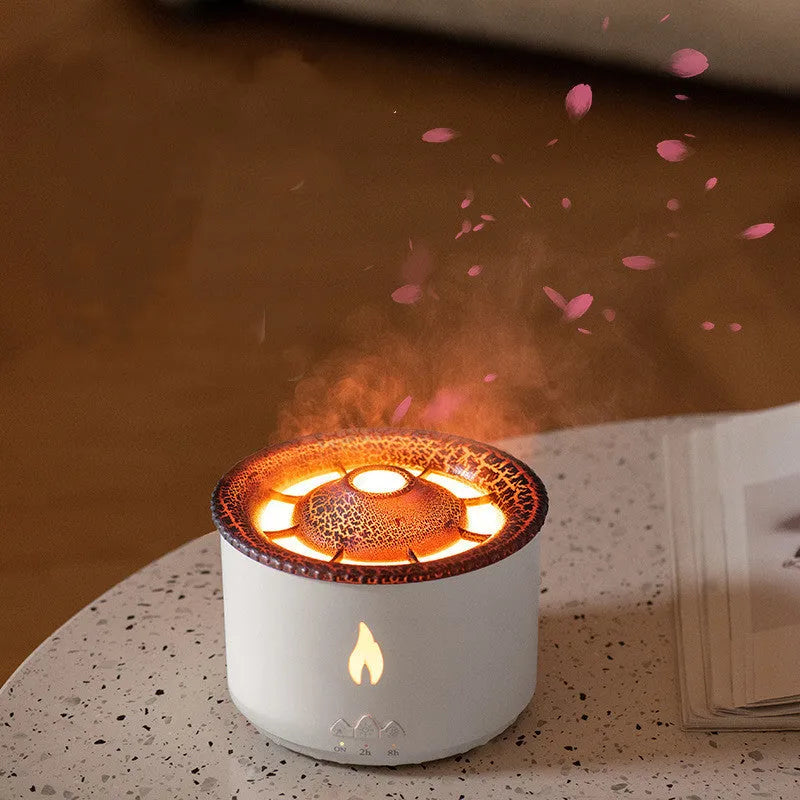New two-color spray ring volcano humidifier in white, plastic construction, single fog outlet, timer function