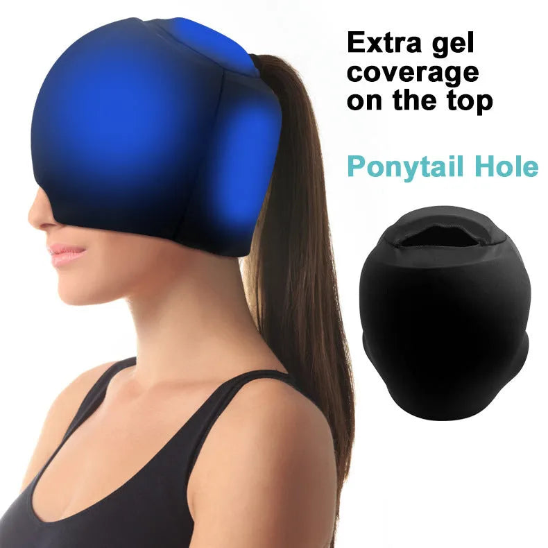 Simple solid colour cold compress cap in black, dark blue, or pink, made from polyester.