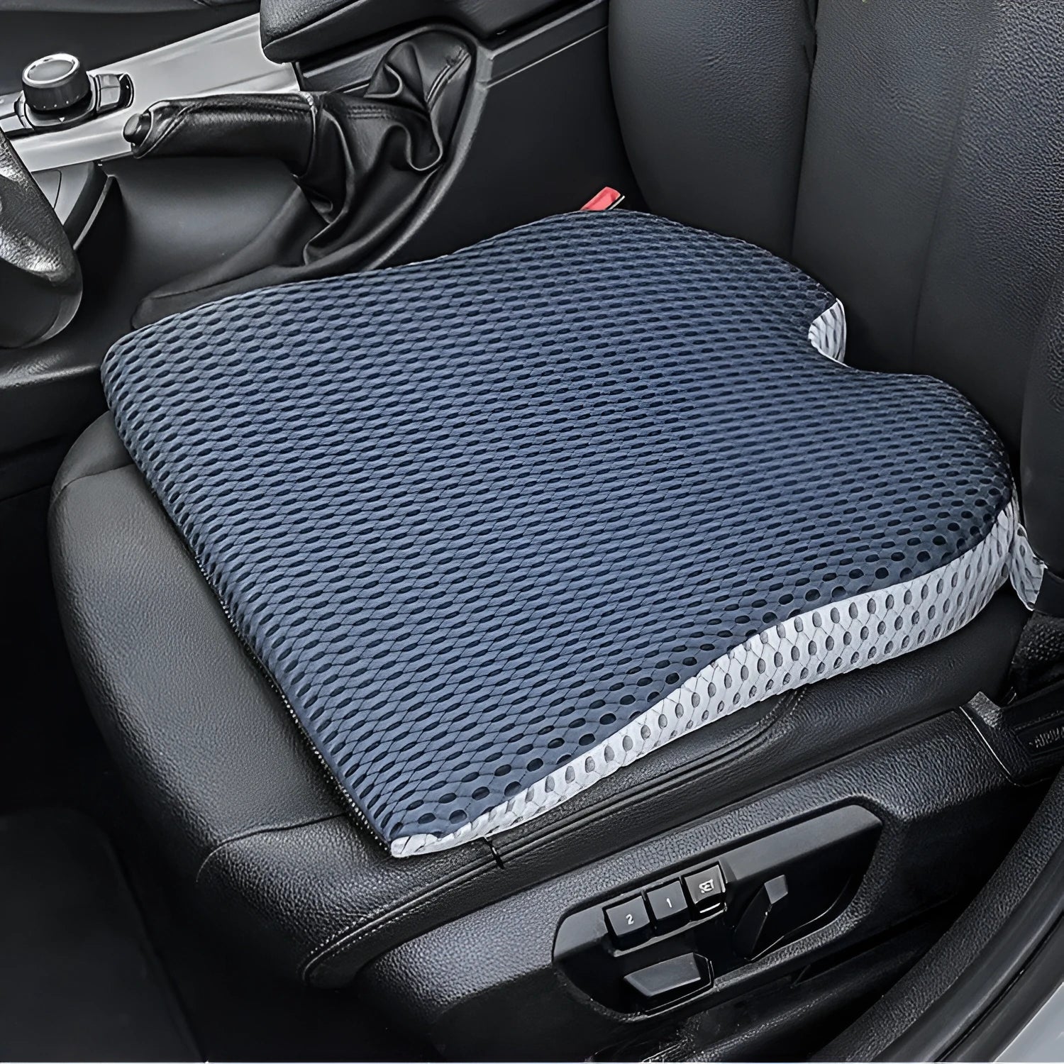 Memory foam car and office chair cushion with fixed attachment strap in regular size