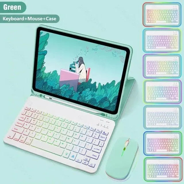 iPad protective case with luminous Bluetooth keyboard and leather sheath, black variant, rear view showing TPU shell and bracket