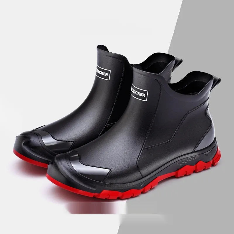 Pair of solid colour PVC rain boots with flat heel and round head, size 36-48, non-slip sole