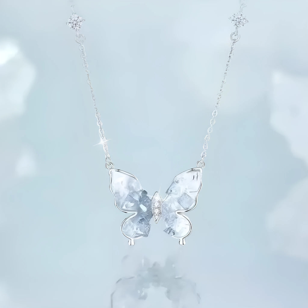 Bingyu butterfly women's necklace with S925 silver chain and electroplated pendant on white background