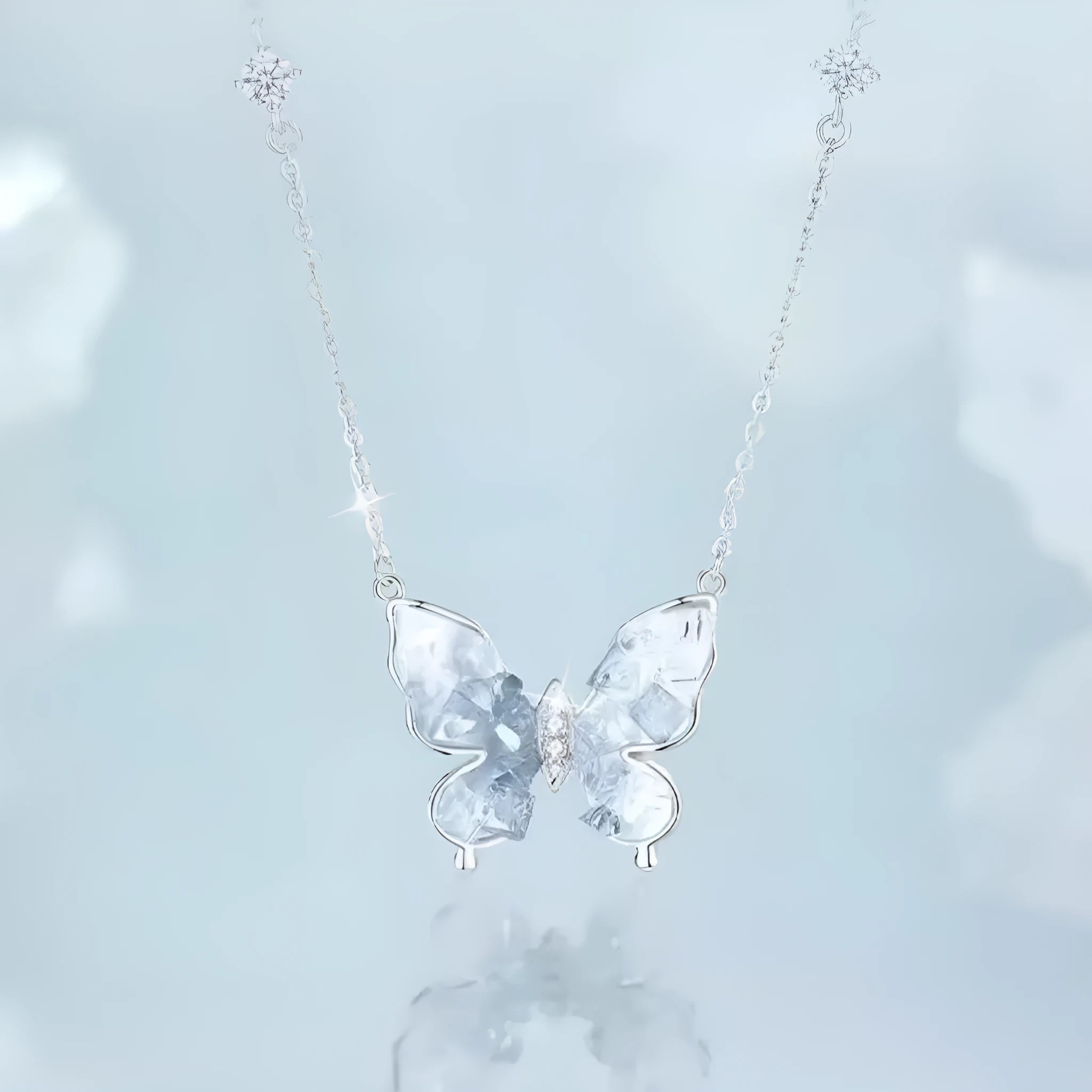 Bingyu butterfly women's necklace with S925 silver chain and electroplated pendant on white background