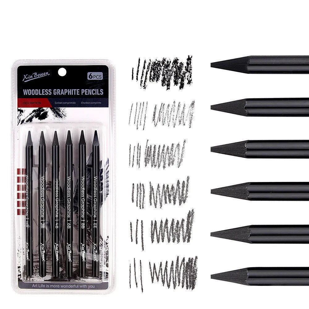 Wood-free graphite art sketching pencils six-piece set with graded hardness options