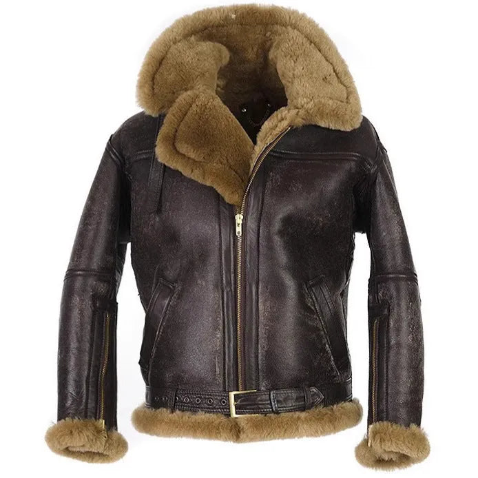 Brown retro synthetic leather fur coat for men, medium length with straight hem and side pockets.