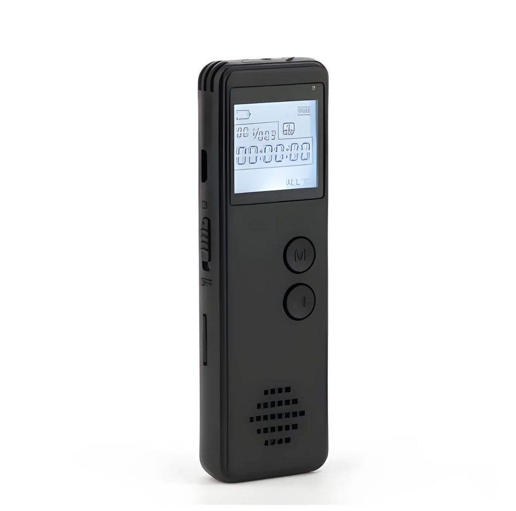 Black digital voice recorder with screen, microphone, and control buttons.