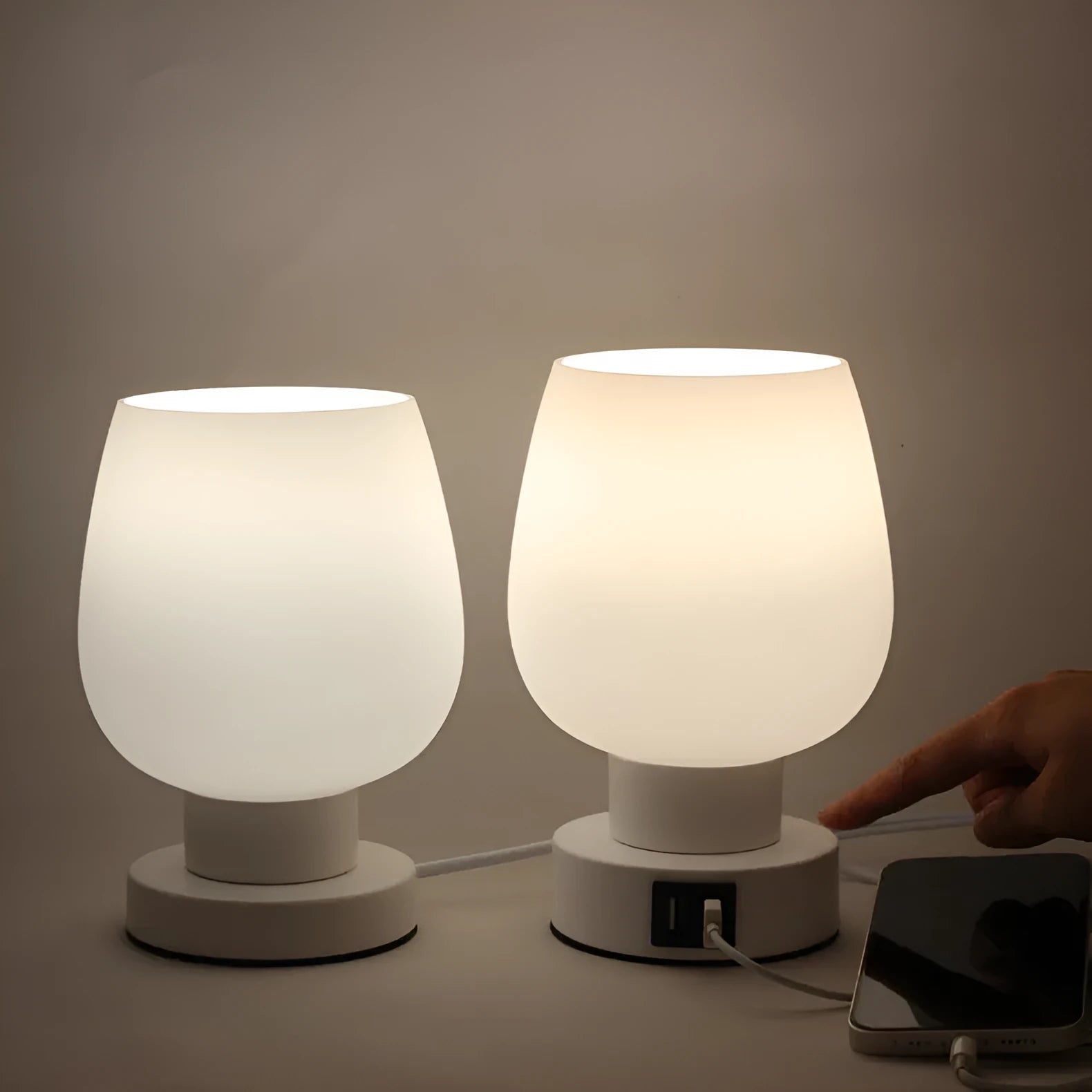 Nordic glass touch dimming bedside night light with three colour settings and USB port, white glass on dark surface