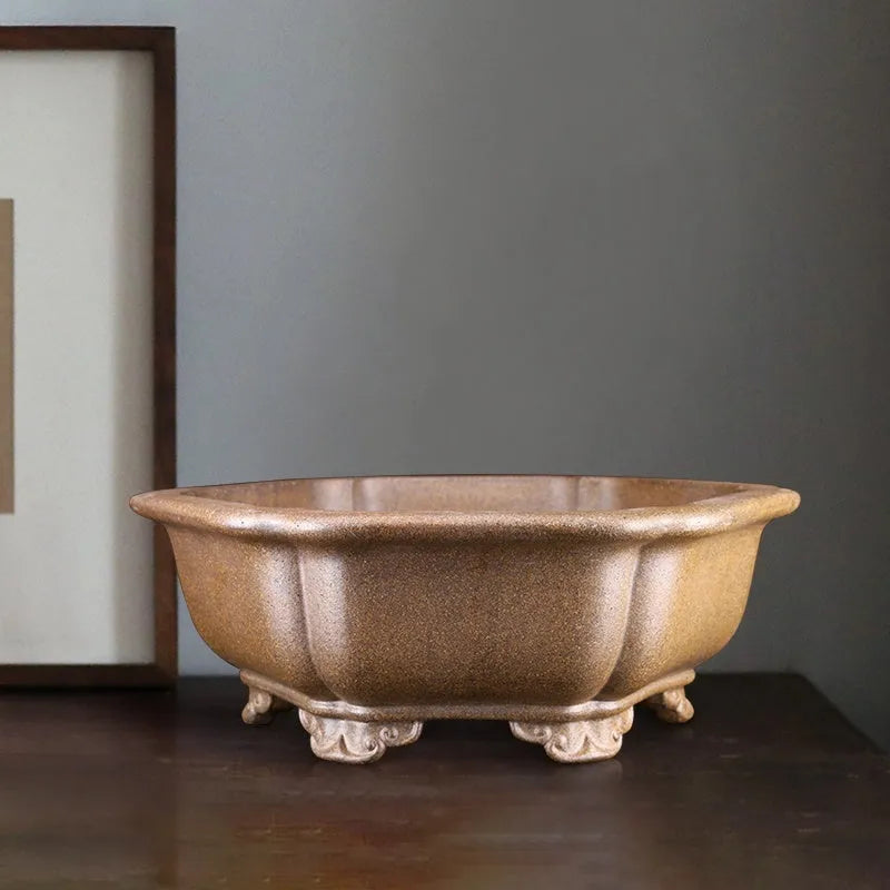 Handmade purple sand tea basin for Taiwan pine plants in large hexagonal design