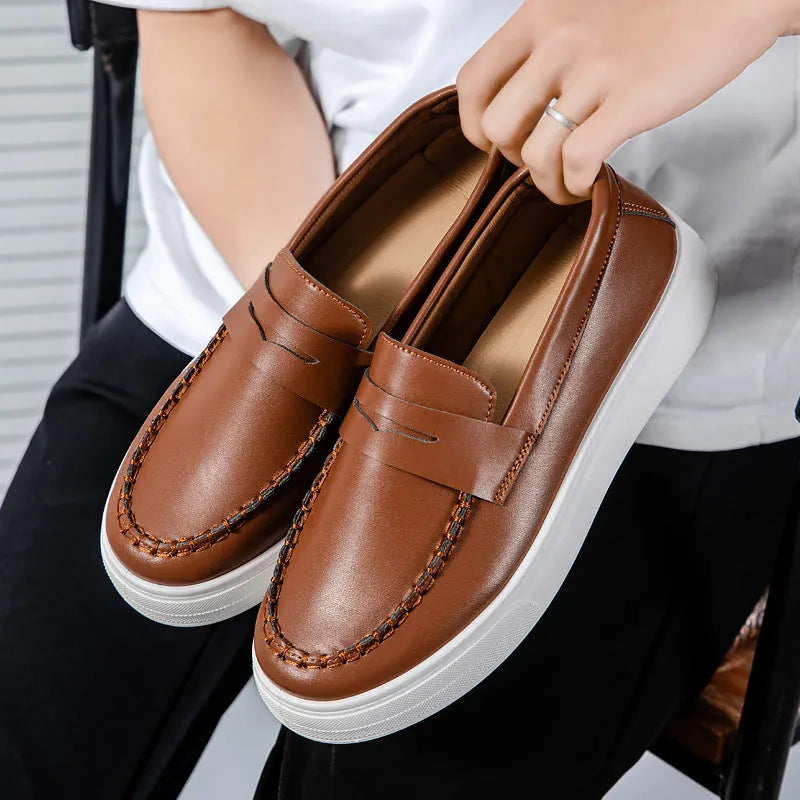 PU leather casual slip-on shoes with round toe in black and white, khaki or white colours