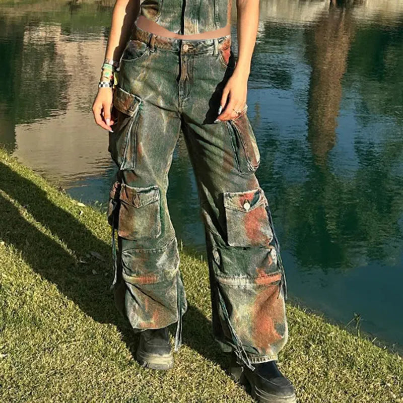 Women's loose cargo denim trousers with gradient colour pockets and street hipster styling