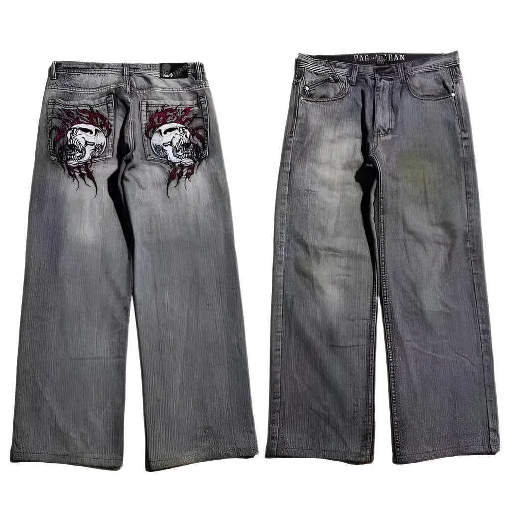 Men's grey washed-out wide-leg jeans with straight cut and American retro styling