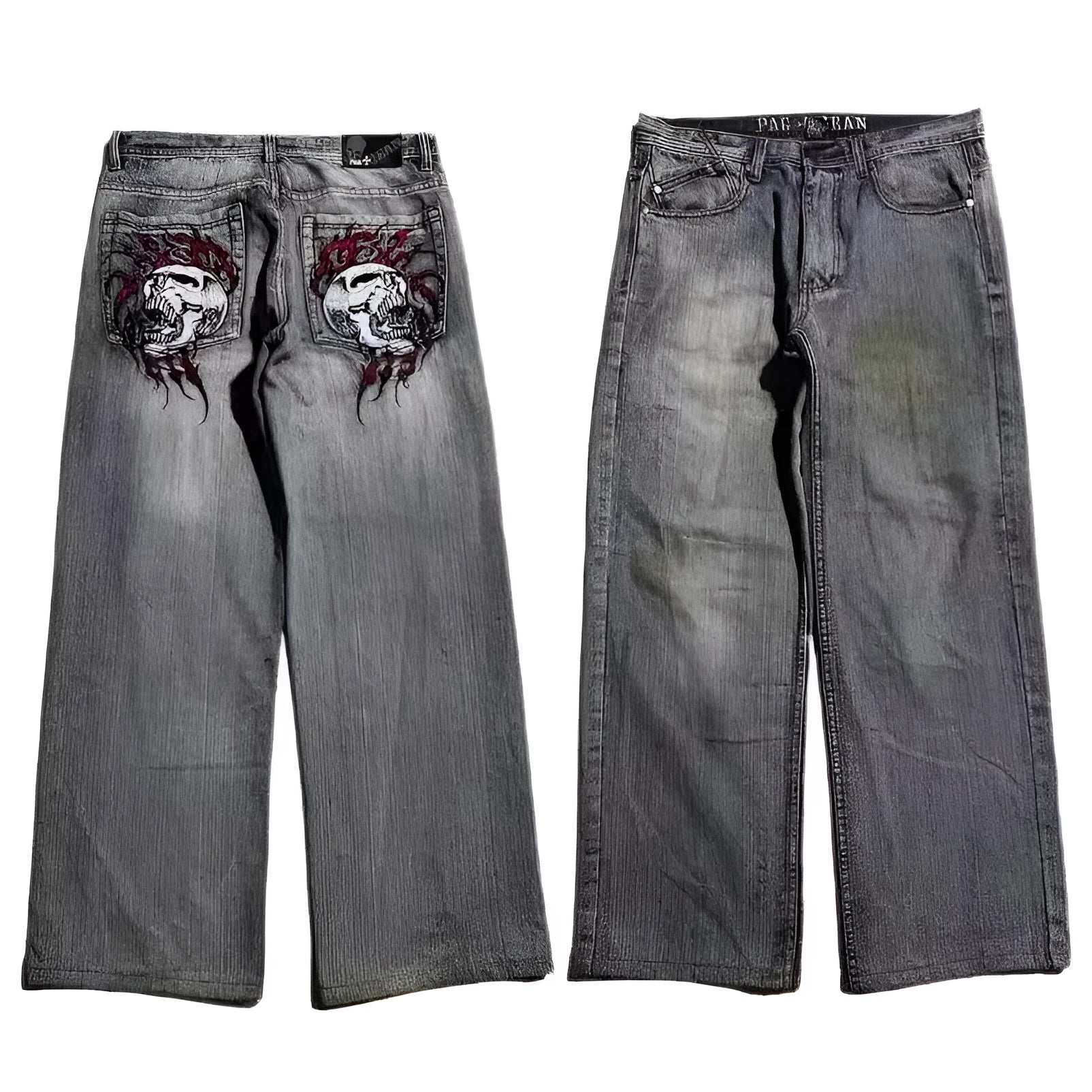 Men's grey washed-out wide-leg jeans with straight cut and American retro styling