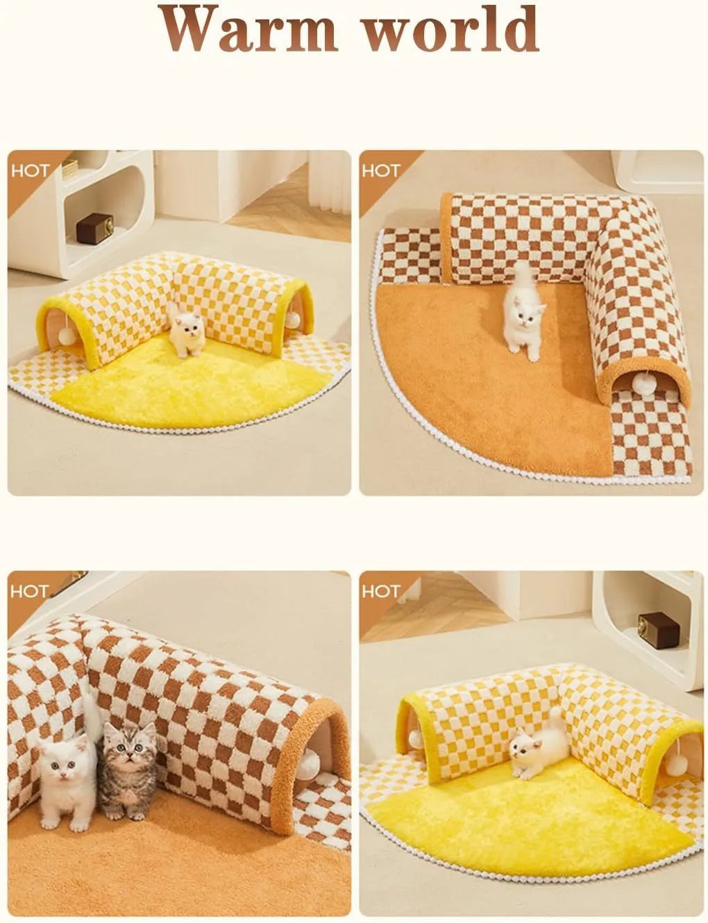 Plush plaid cat tunnel bed with central mat for indoor cats, brown colour, non-slip bottom