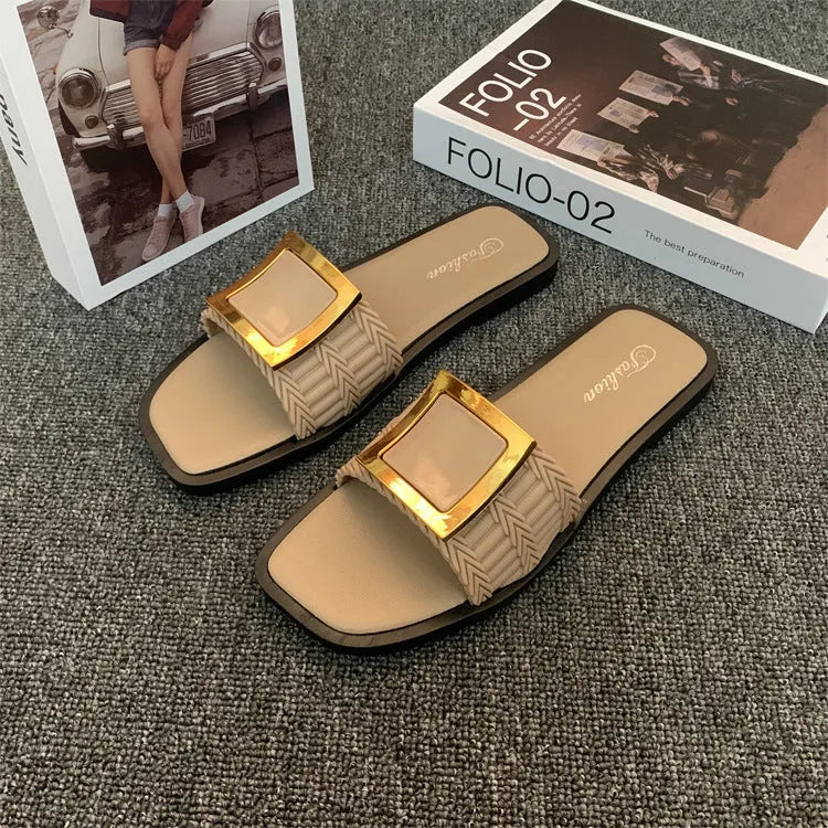 Women's summer flat slippers in apricot, black and khaki colours with waterproof PVC non-slip soles