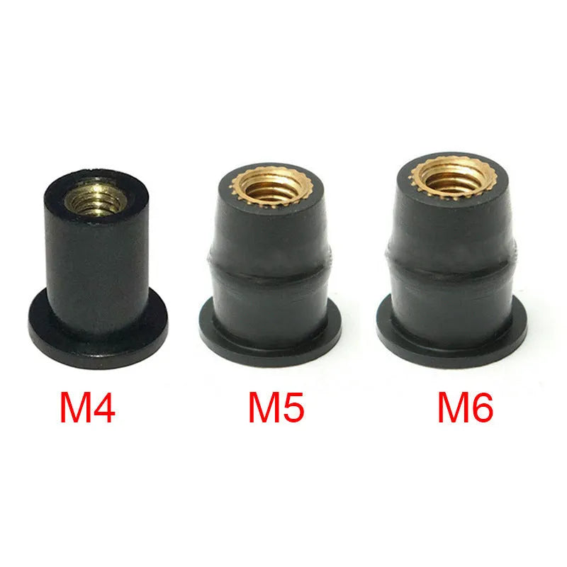 Black rubber motorcycle well nut fasteners with brass threads in M4, M5, and M6 sizes, 10 piece kit.