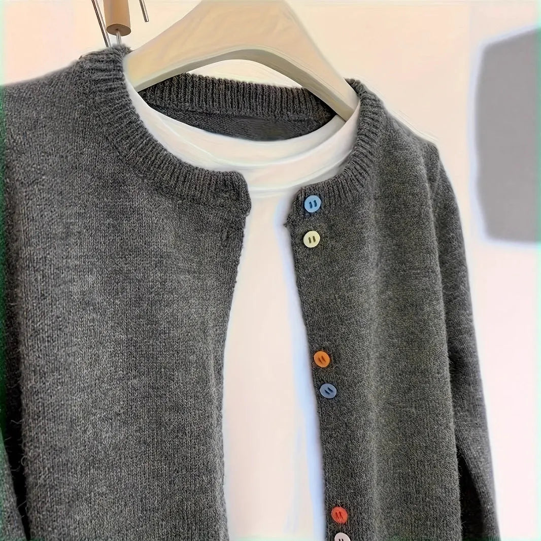 Dark grey women's button-front cardigan sweater with long sleeves for office wear