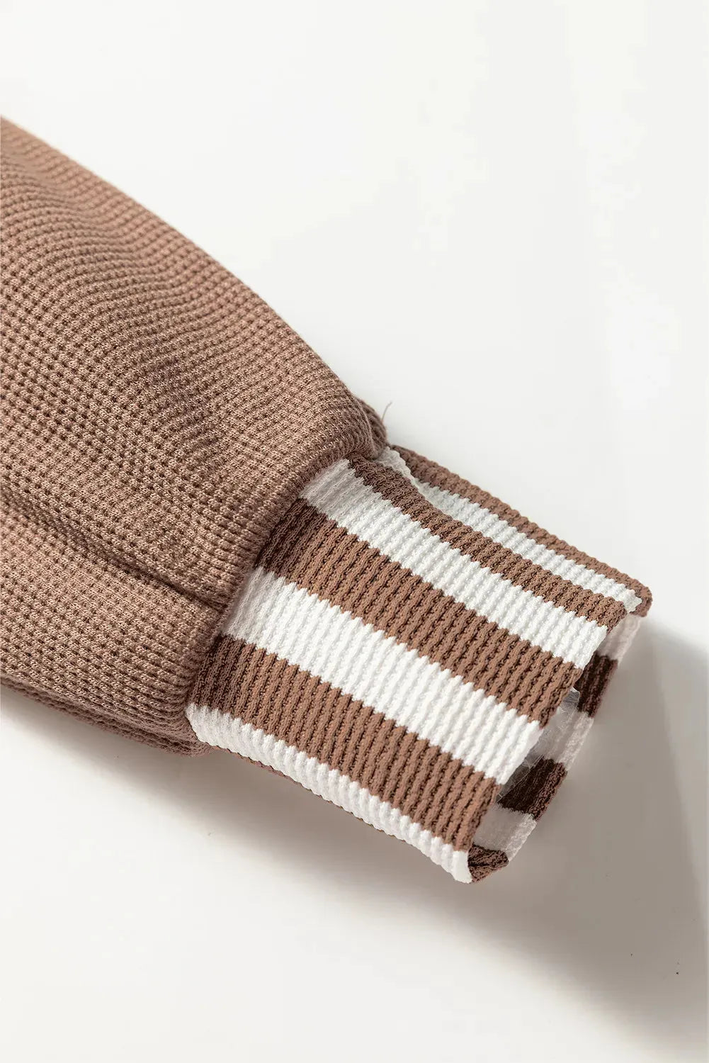 Straw yellow waffle texture striped hoodie with patchwork panels and button neck closure