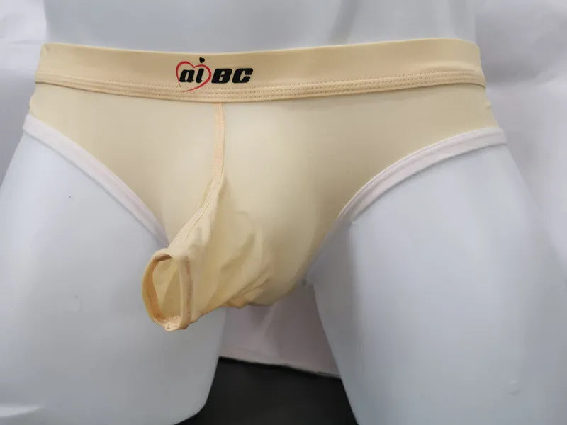 Men's thin ice silk briefs in Army Green colour with a mid-waist and bullet separation design.