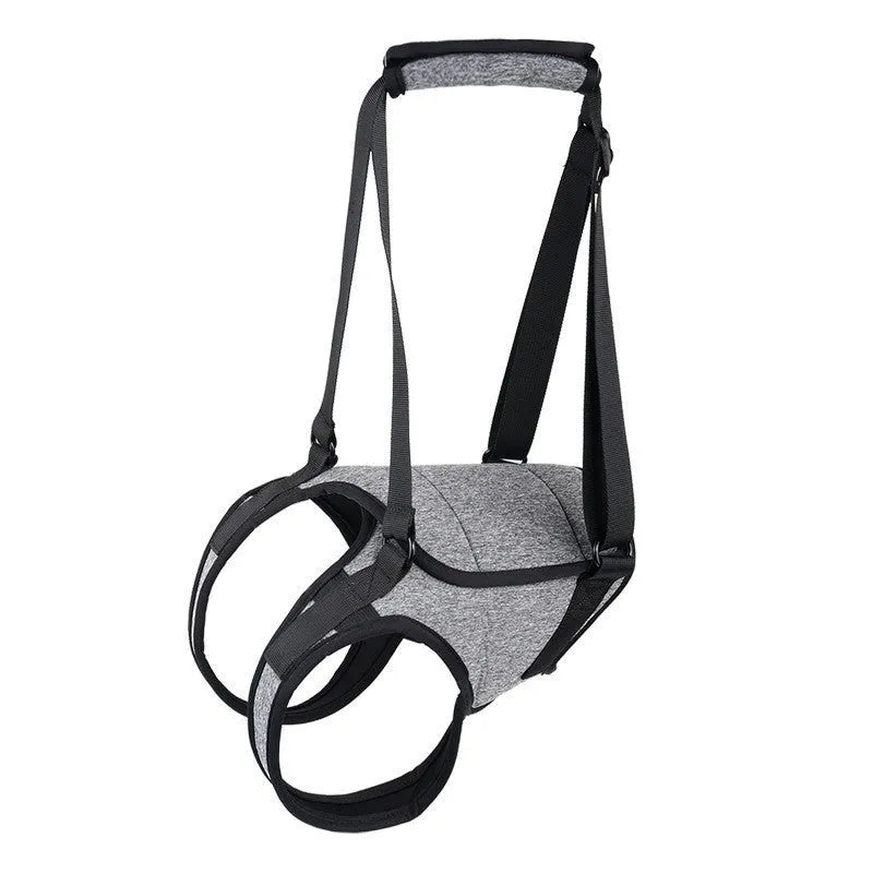 Grey neoprene dog recovery belt for rear leg support with adjustable sizing