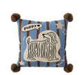 Blue cartoon animal print decorative sofa cushion pillow on a grey couch.