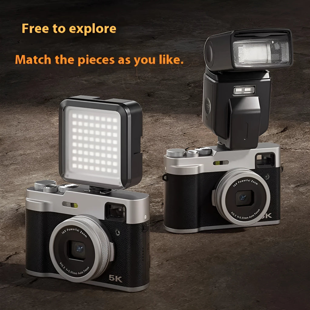 Black and brown 5K digital camera with dual lenses and optical viewfinder on display