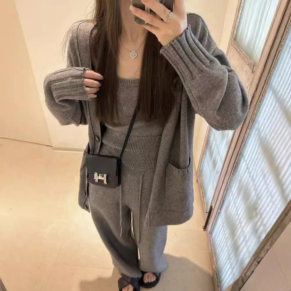 Women's light brown knit cardigan, vest, and suspender pants three-piece casual set