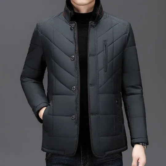 Men's solid colour winter coat with cotton filler and side seam pockets in dark blue, wine red or dark green