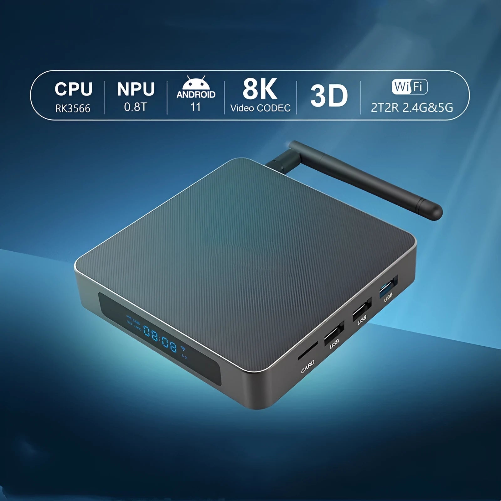 Bluetooth 8K Android set-top box with HDMI port and compact design