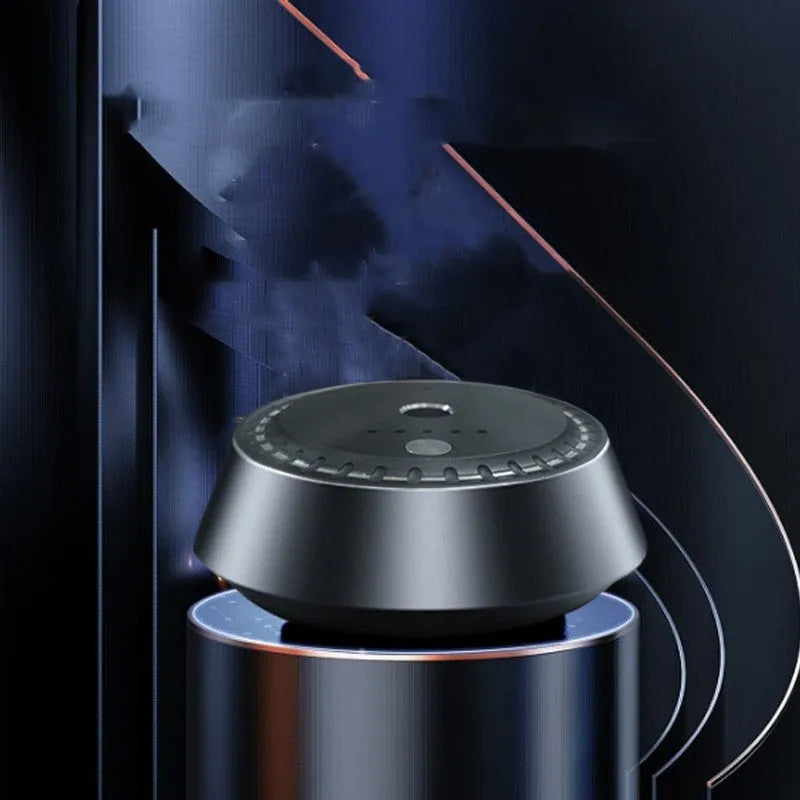Black metal smart car aroma diffuser 30ml capacity, rechargeable with timer, size 9x4.5cm