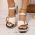 Women's chunky heel sandals with metal buckle in black and white square toe sizes 36 to 43