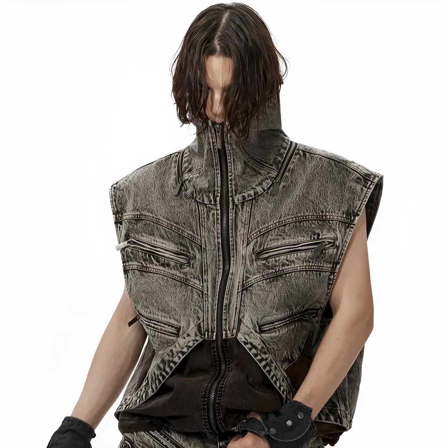 Men's sleeveless denim vest with front zip and matching trousers