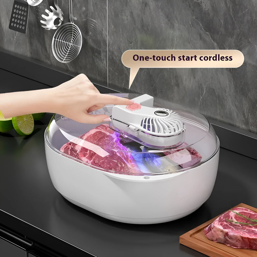 Modern aluminium food defrosting board with USB cable for kitchen counter use.