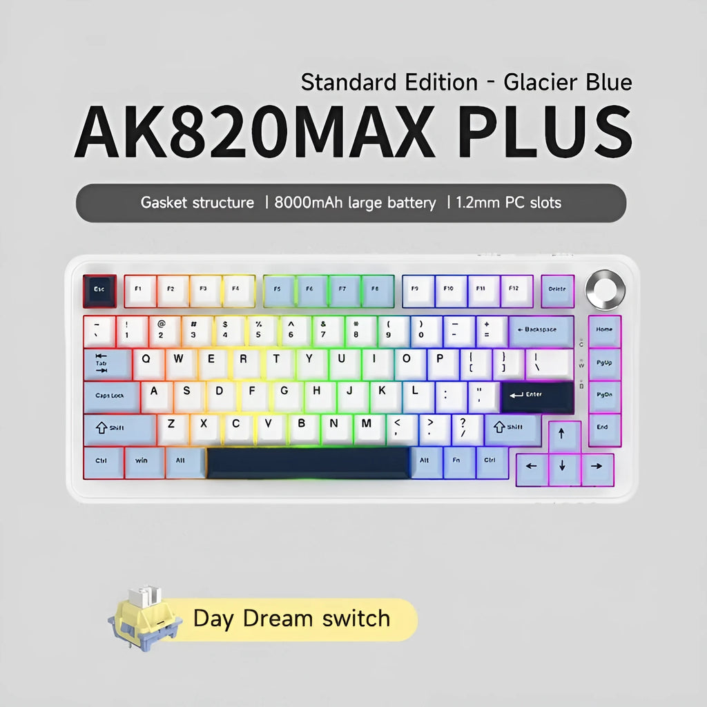 Three-mode mechanical keyboard with hot-swappable switches in black, grey and yellow colour scheme