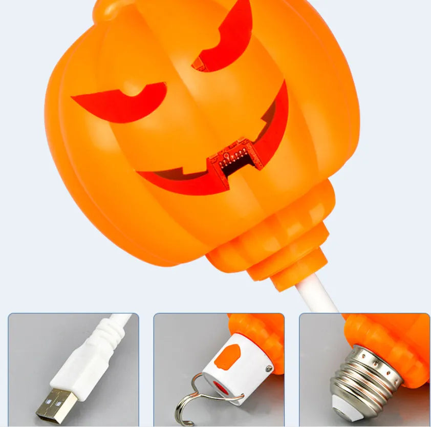 Plastic pumpkin-shaped decorative lamp with USB charging port, showing yellow or purple light option.