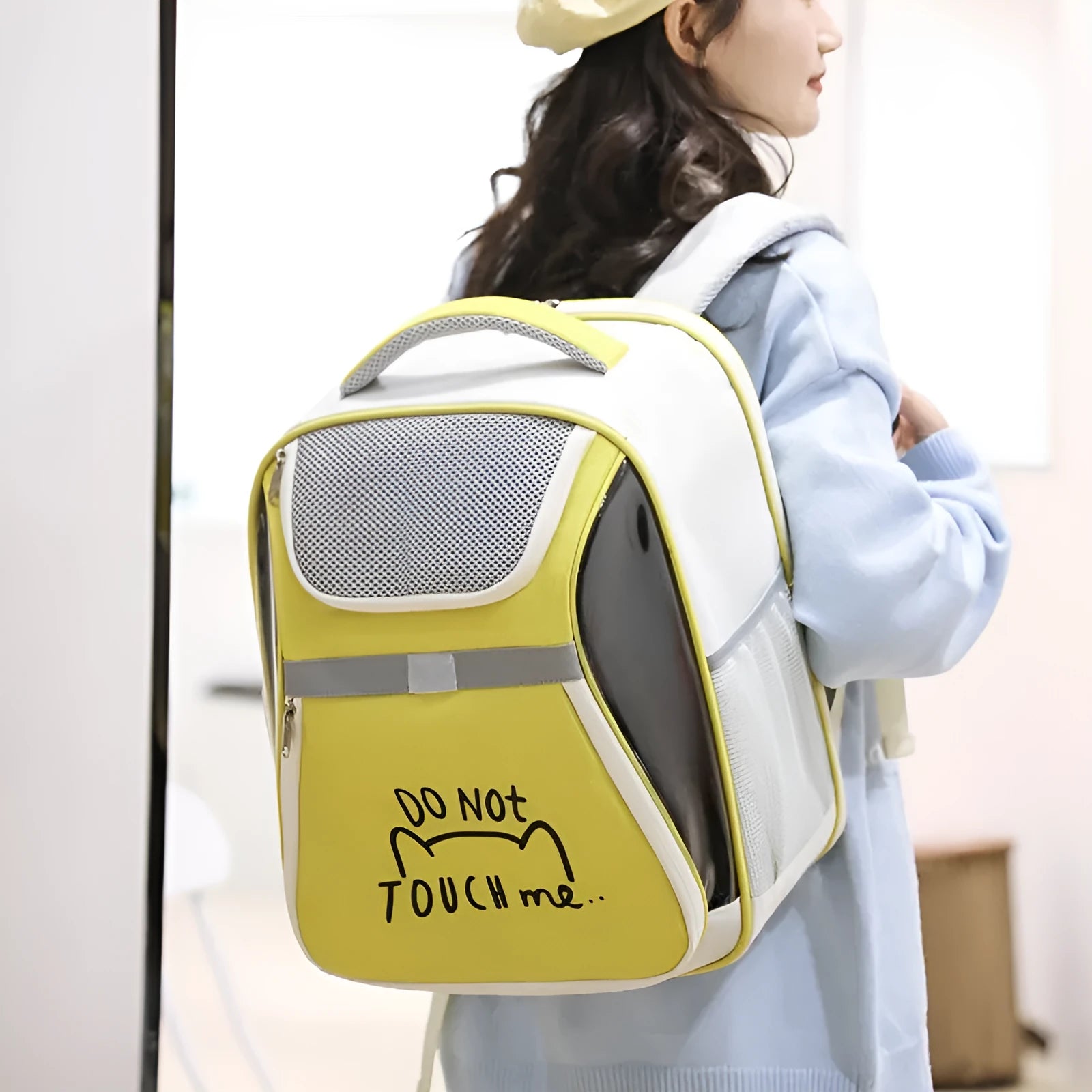 Outdoor pet bag expandable cat backpack PVC Oxford medium capacity contrast colour Beige
