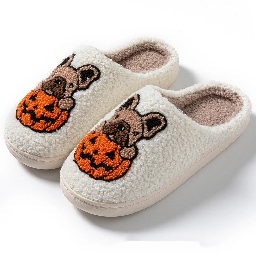 Black and white Halloween pumpkin slippers with soft velvet cotton upper and non-slip rubber soles