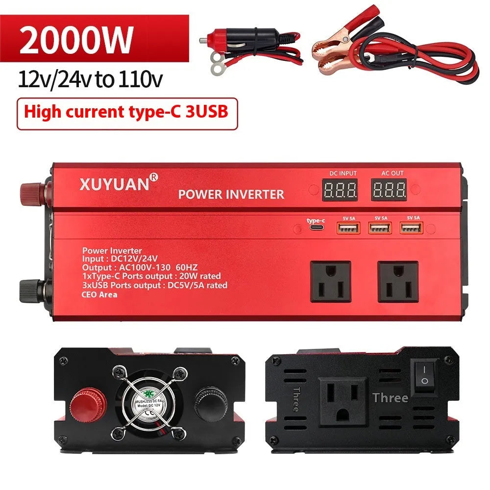 12V 24V to 110V 1200W car inverter with LED display, black, US outlet, air cooling fins visible
