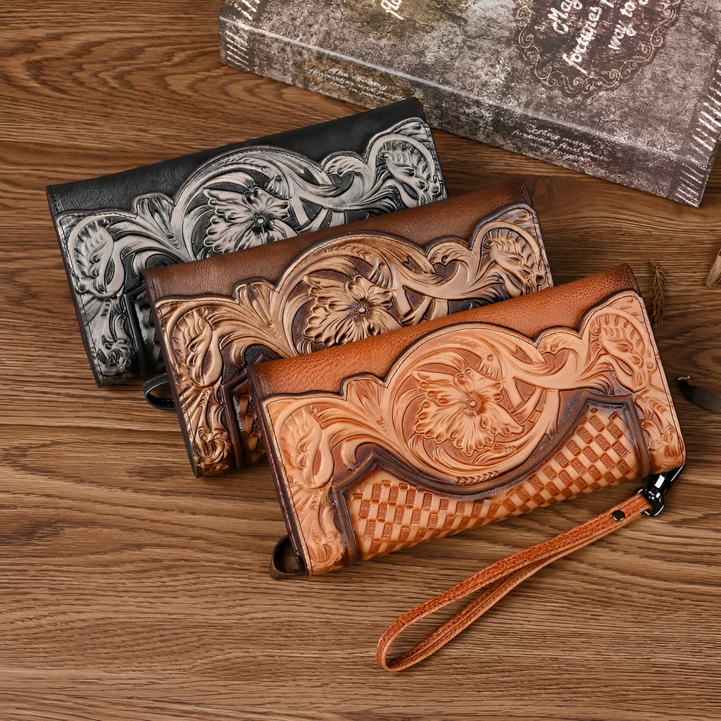 Retro brown tri-fold women's wallet with an embossed floral pattern, made from cowhide leather.
