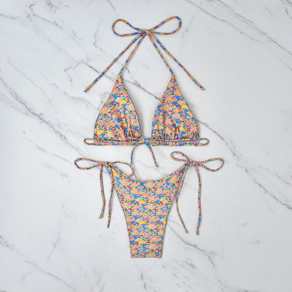 Lace-up front bikini top and briefs in picture colour, a polyester swimsuit set for water sports.
