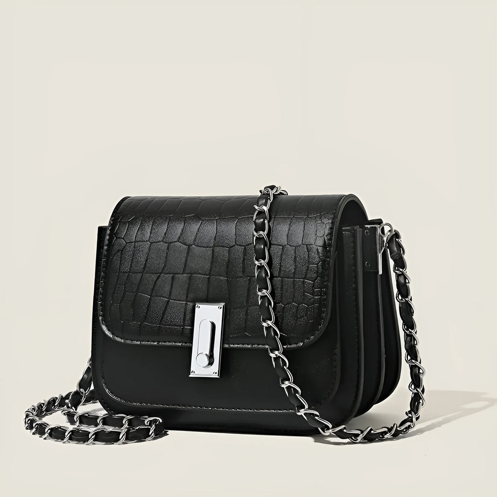 Women's soft PU chain shoulder bag in horizontal square shape with chain strap and sandwich pocket