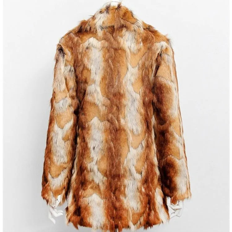 Women's tiger pattern faux fur leather jacket with slim fit and 65cm medium length